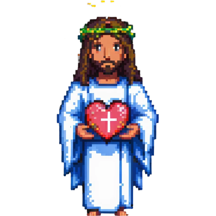 pixel art Jesus with a glowing heart, minimal background emoji