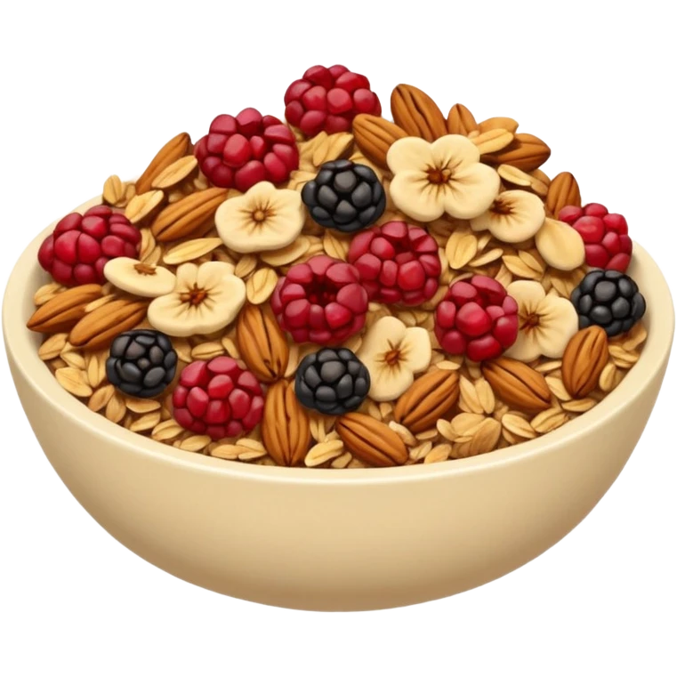 realistic small cluster of granola with rolled oats, crisped clusters, nuts, seeds, dried fruit, golden brown to beige colors, red or dark brown hints, crunchy rustic texture, irregular shapes, no bowl, yogurt, spoon, or faces, clean 3D style, soft lighting, transparent background, emoji scale emoji