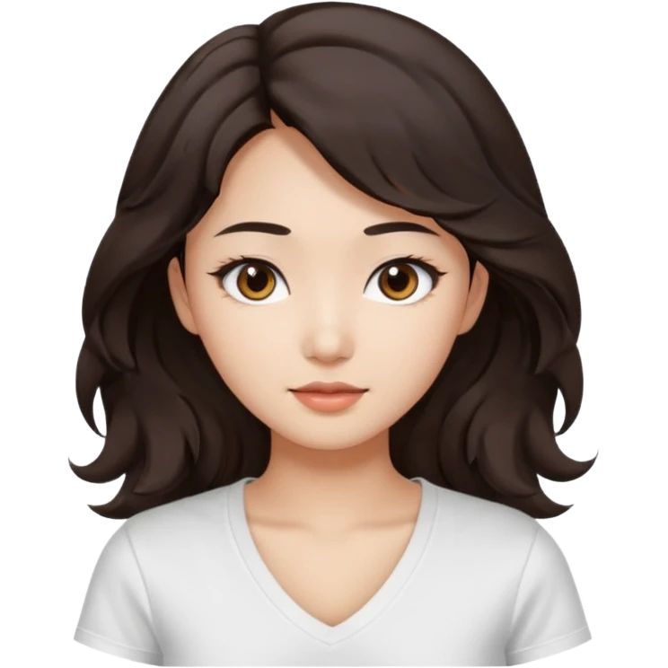 iOS style emoji. A girl with very long dark brown wavy hair. And the eyes color is dark brown. And she is wearing white t shirt with V kneck. And she is 30. She is Asian with double eyelids  emoji