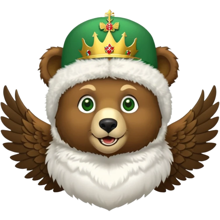 Sweet brown bear face with green eyes, white fluffy ushanka hat with Russian coat of arms showing golden eagle with spread wings, crowns, scepter, orb, and St. George shield, iOS emoji style emoji
