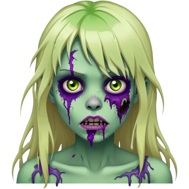 undead zombie girl with rotting green skin, purple bruises, messy long blonde hair with bangs, cracked lips emoji