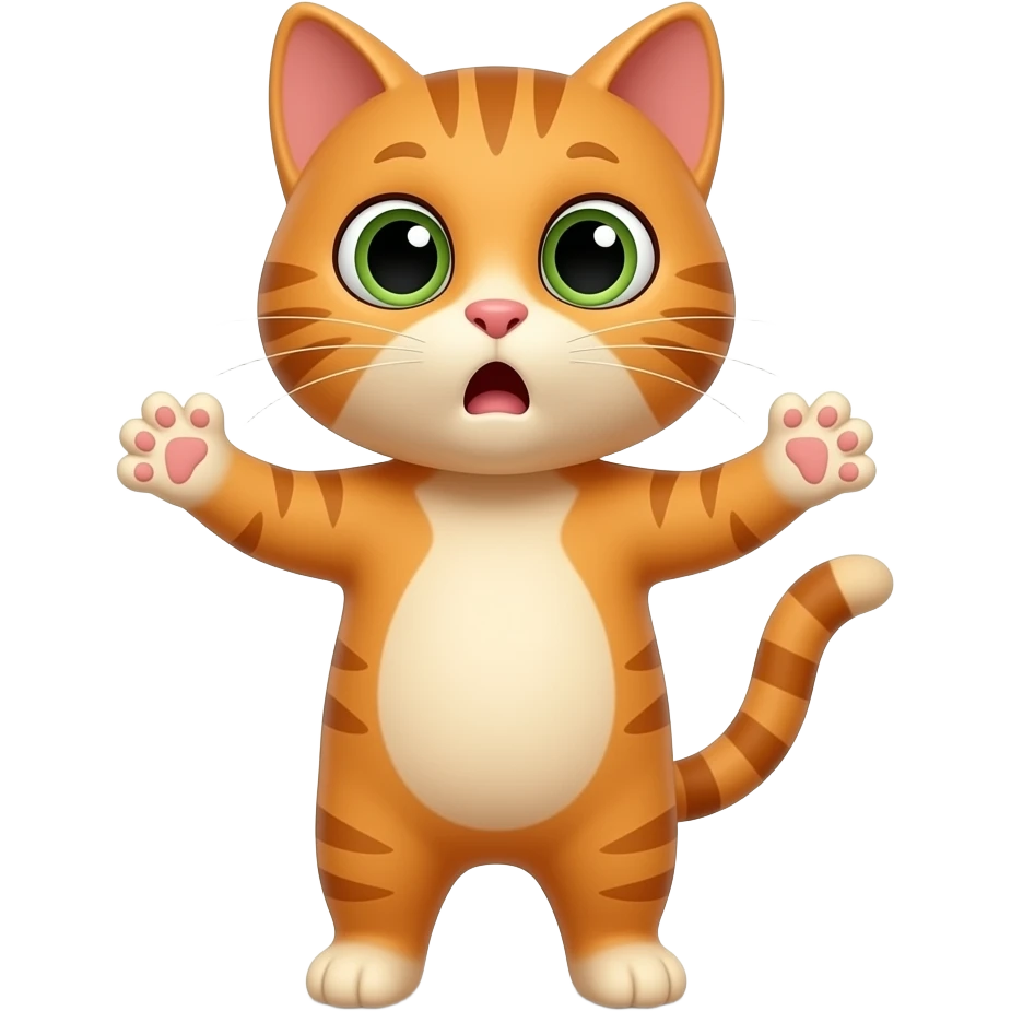 A little orange cat standing up, with legs and arms like a little person, looking very surprised. All his body ia orange. emoji