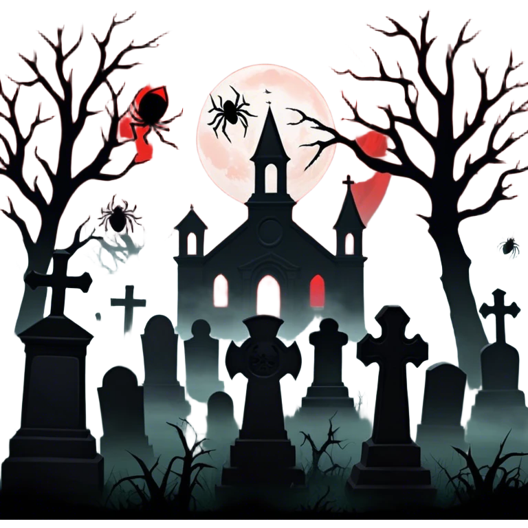 Icon for Horror Movies: A chilling collage with dark silhouettes of monstrous figures, eerie graveyards, and creepy elements like spiders and tombstones. Ghostly fog surrounds, with a blood-red moon in the sky. The mood is unsettling, eerie, and haunting. Transparent background. emoji