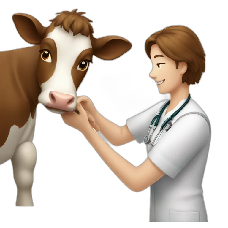 Vet with brown hair petting cow emoji
