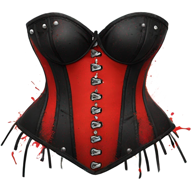 Red and black corset top with bikini bottom splattered with white paint on the corset emoji
