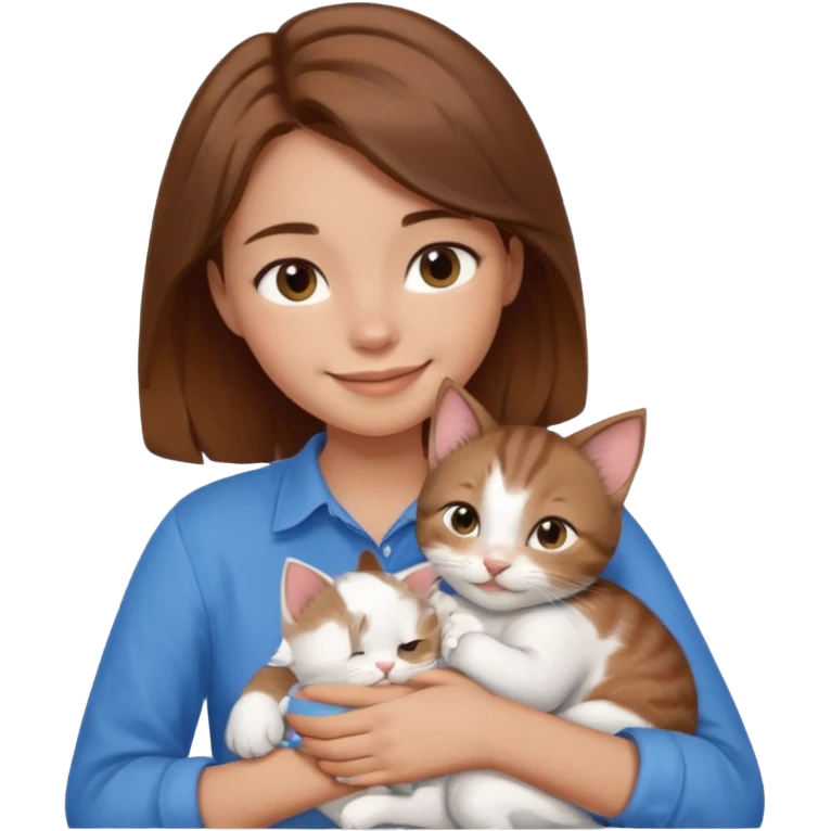 Create an emoji that has a girl wearing a blue shirt and brown hair snuggling a kitten. Smiling emoji