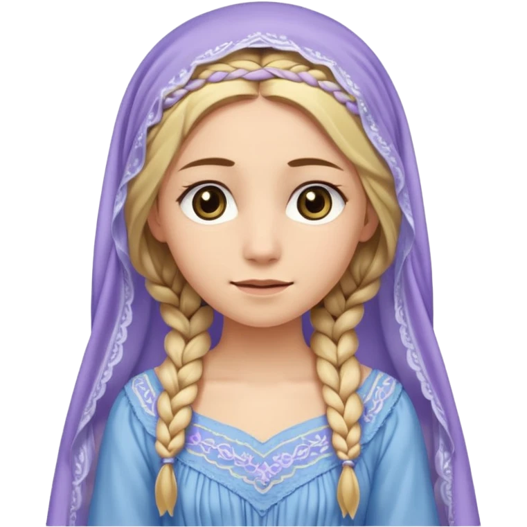 
mujer, Joven, de aspecto dulce y elegante.
Piel clara, ojos grandes y expresivos, sonrisa triste.
Rubio o castaño claro, largo, con trenzas o velo.
Vestido largo de tonos suaves (blanco, azul o lavanda), con bordados dorados; toca fina cubriendo la cabeza. cuerpo entero
 emoji