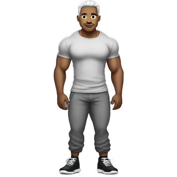 generate me an emoji that looks like a very bulky japanese bodybuilder with a scar on the left side of his lips a black slim fit  t-shirt and long baggy light grey japanese pants and black shoes emoji