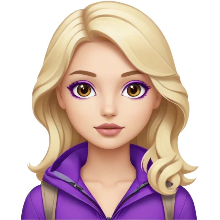 Luxury blonde model, brown eyes, luxury makeup, sleek wavy beige-blonde hair, purple hiking outfit emoji