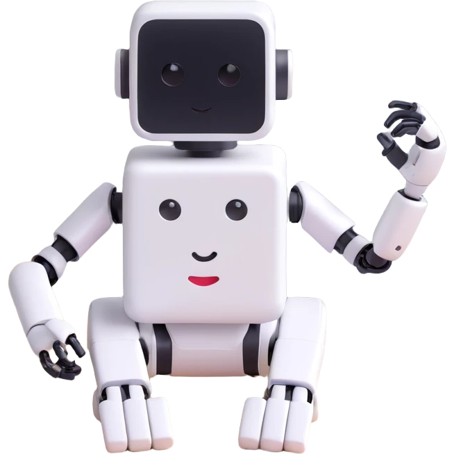 Cute desk companion bot — small cube-shaped AI assistant with articulated arms, sitting on a desk with books and coffee. emoji