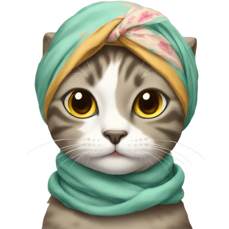 Cat wearing a headscarf tied under the chin emoji
