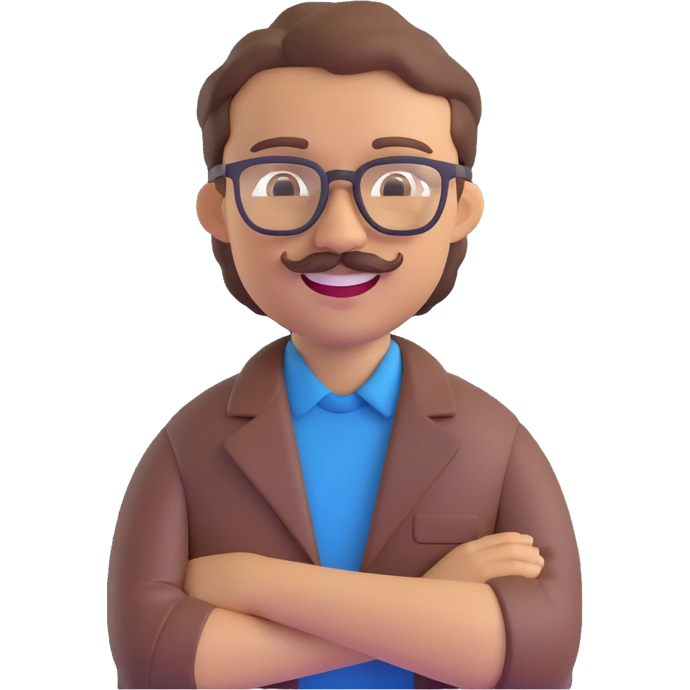 man with light skin, brown hair, mustache, and glasses, smiling emoji