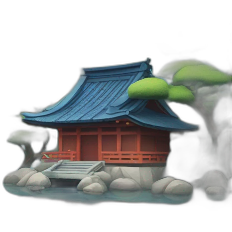 A lakeside island with a shinto gate and small Japanese house with a blue tiled r emoji