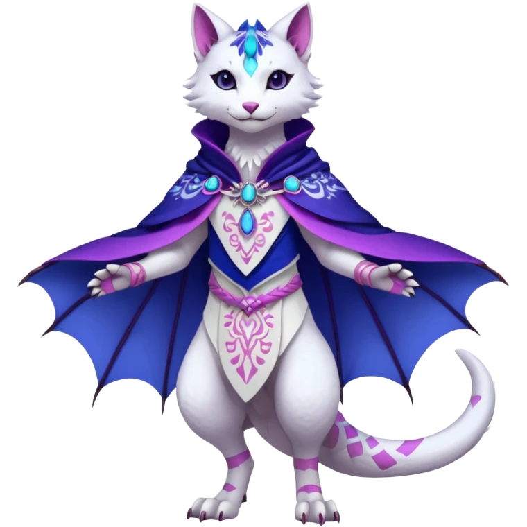 Kawaii white, indigo, purple, pink cute beautiful pretty elegant divine edgy feline-vernid-sergal-Haku-dragon-fursona-animal-creature, full body, with intricate detailed markings, Embroidered capelet, silken shawl emoji