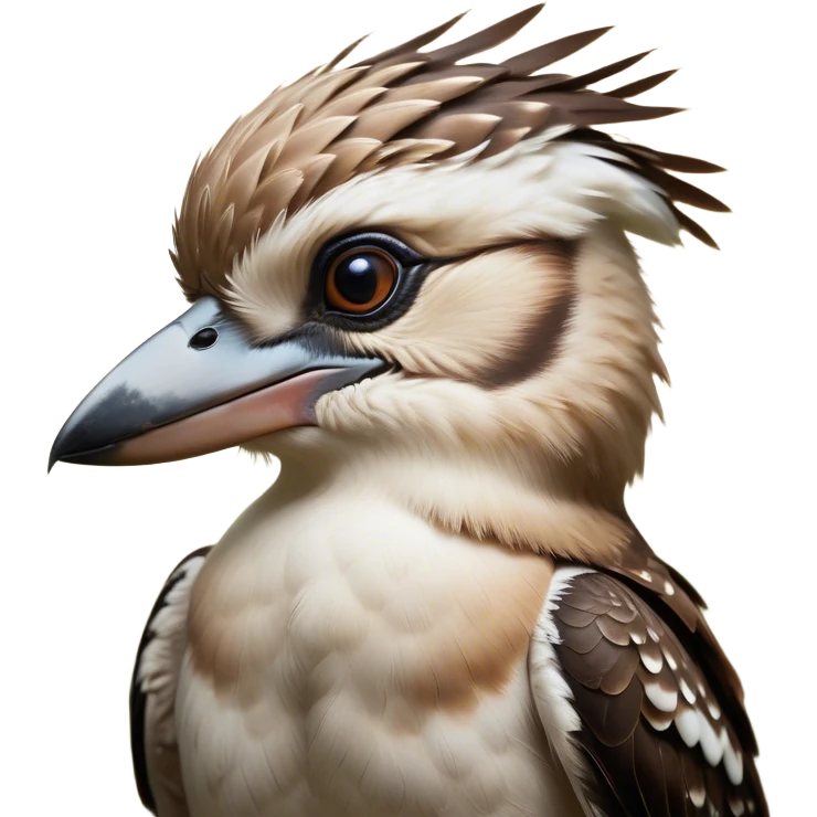 Cinematic Noble Kookaburra Portrait Emoji, Poised and regal, with a stout, robust build and a striking plumage of earthy browns and creams, a strong beak and deep-set soulful eyes, Simplified yet sharp and sophisticated features, highly detailed, glowing with a soft, dignified glow, high shine, intelligent and exuberant, stylized with an air of native woodland majesty, focused and attentive, soft glowing outline, capturing the essence of a watchful and confident bird, so majestic it feels as though it could laugh out of the screen with effortless authority! emoji