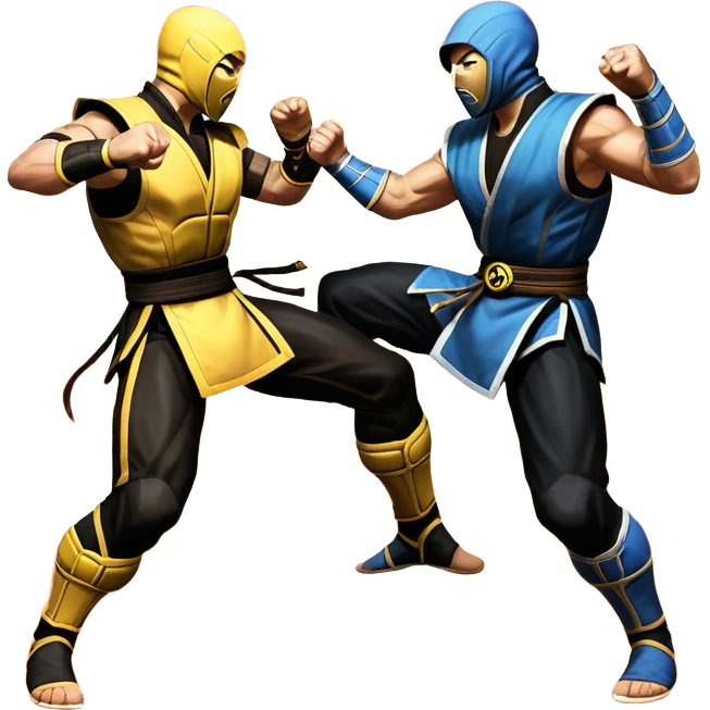 An icon showing two fighters in dynamic combat poses, inspired by Mortal Kombat. One character delivers a powerful kick, while the other blocks or counters. The background features a dark arena with glowing effects, symbolizing intense battles. Transparent background. emoji
