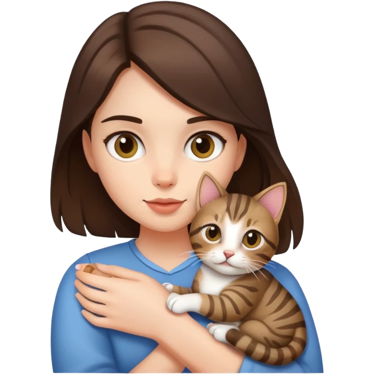brunette girl holding her pet tabby cat  emoji