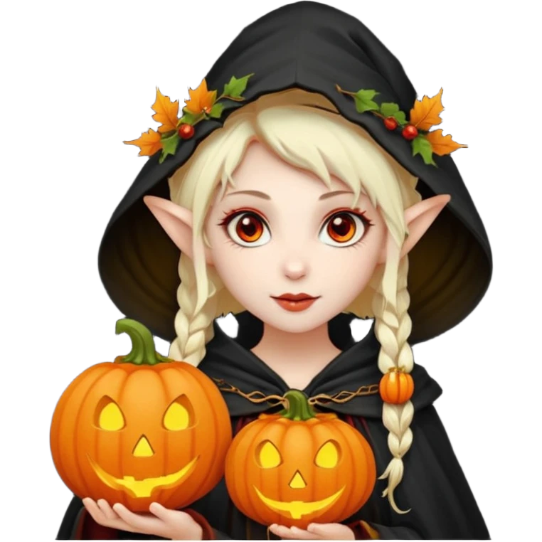 female elf vampire emoji, pale skin, red eyes, elegant face, autumn leaf and pumpkin wreath on head, black hooded cloak with cobweb details, holding small glowing pumpkin lantern, Halloween fantasy theme, Apple emoji style, clean white background, square emoji
