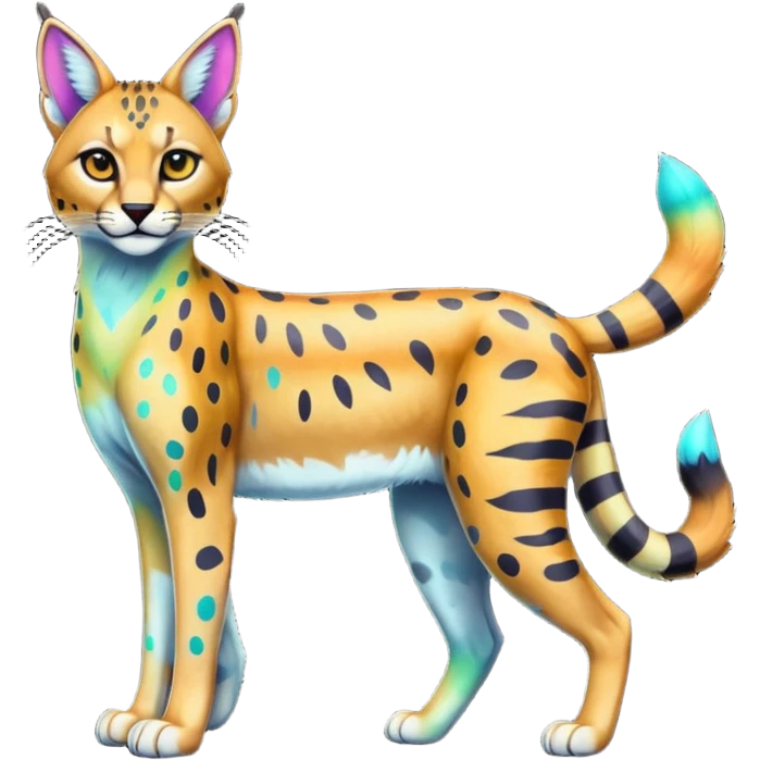 Colorful cartoon iridescent neon tropical exotic anime Striped and spotted Lynx-Caracal-Serval-hybrid full body emoji
