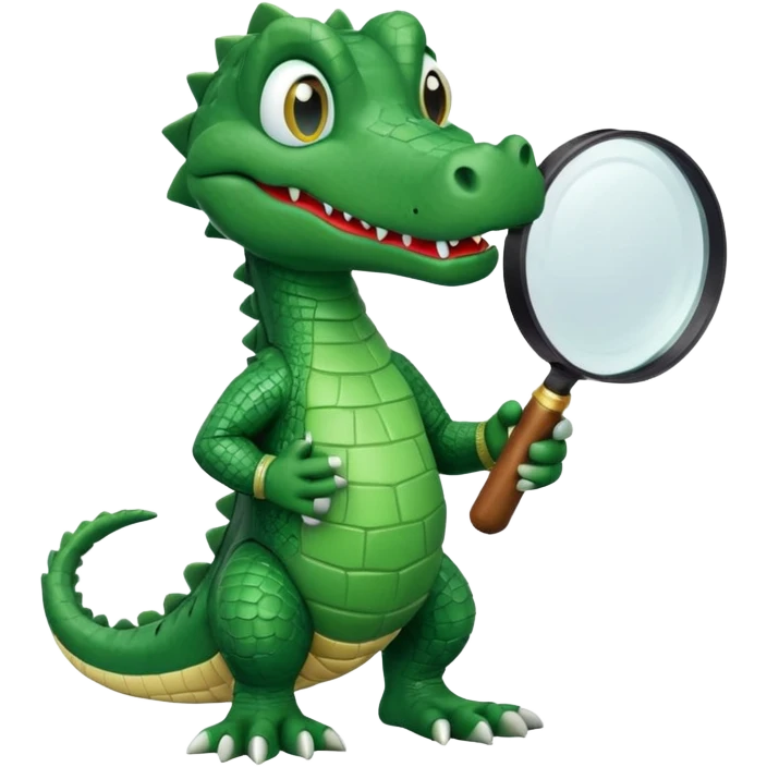 A claymation-style academic alligator holding a magnifying glass. The background is a solid white circle emoji