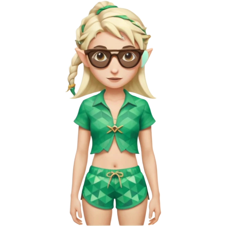 elf female legolas portrait, patterned board shorts (geometric/abstract), unique wooden-framed sunglasses, undercut hairstyle, slight smirk, visible pointy ears, no background, centered emoji, hipster summer vibe coctails  emoji