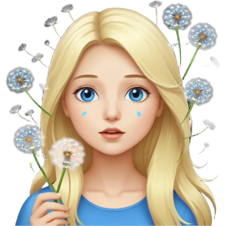 portrait woman long blonde hair blue eyes white skin blowing glowing dandelion seeds emoji