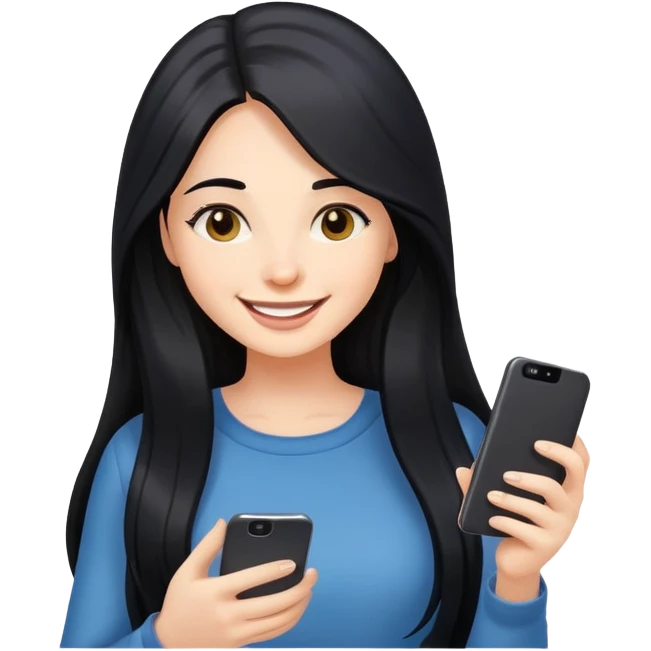 women with black long hair looking at phone and smiling emoji
