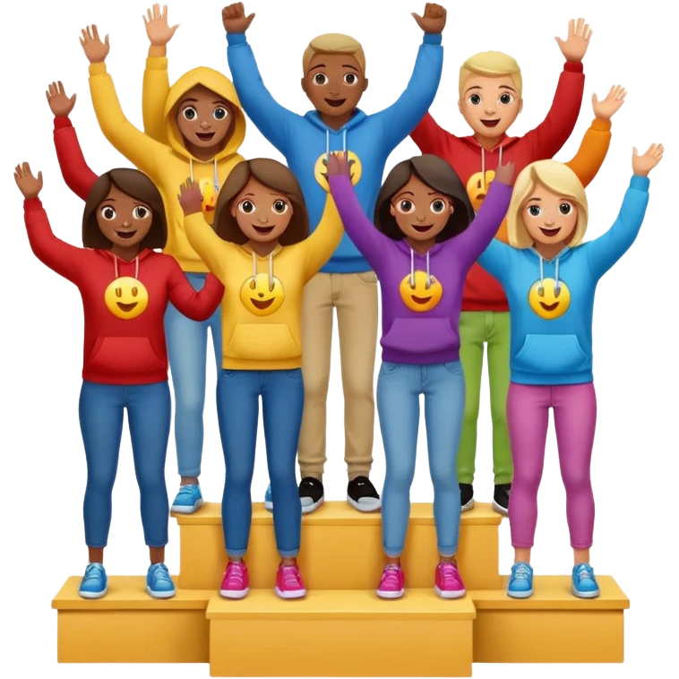 multi-racial group on a winners’ podium with middle step higher, no numbers on podium, wearing colorful jeans t-shirts and hoodies, excited fun expressive emoji style emoji