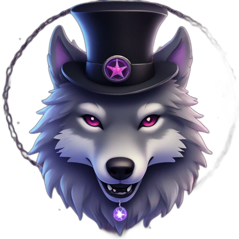 demonic wolf with a pentagram top hat and a pentagram chain with a haunting night background emoji