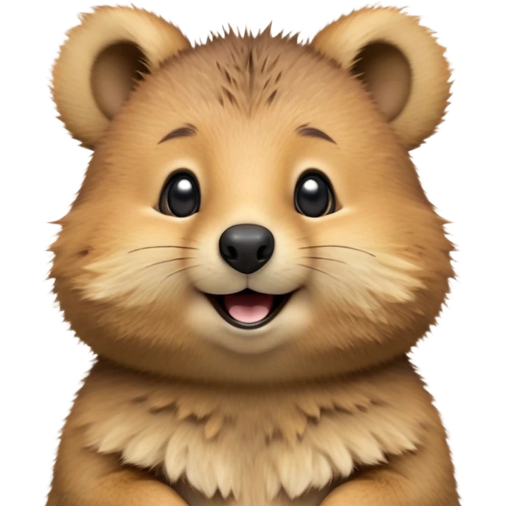 cinematic-realistic quokka-emoji,-small-round-frame, head tilted in an endearing manner, comical smile, round cheeks, giant-fluffy-cheeks-large-smile-fluffy-brown-fur-radiating-a-warm-softness,-big-round-eyes-filled-with-joy, realistic round  fluffy zoomed in, large black eyes one paw raised in the air emoji