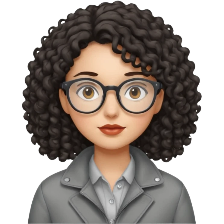 girl with dark curly hair, glasses and a gray jacket emoji