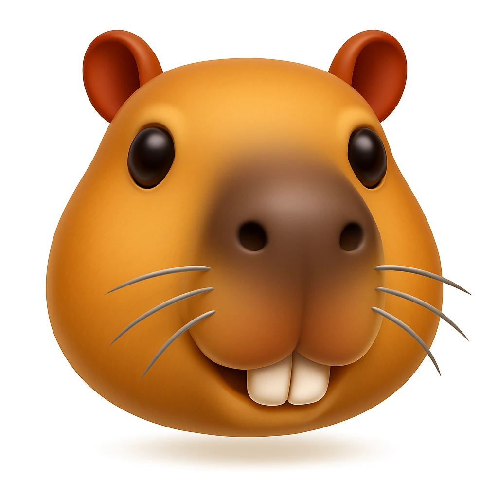 Create a capybara emoji that looks exactly like the reference image in iOS emoji style. The emoji should have a 3D appearance with shiny, smooth gradients, soft shadows, and a realistic capybara head with a classic emoji look. Add a soft shadow under the head. emoji