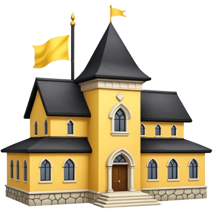 simple magic school, low detail, white background, magic school, black roof, with a big flag, big flag on a roof, big yellow flag, white school emoji