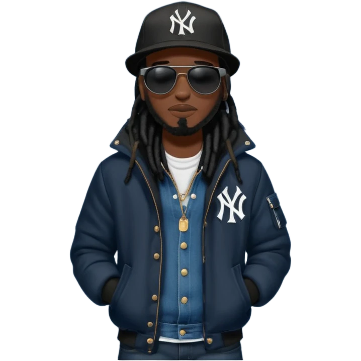 African American man with shoulder length black dreadlocks and black sunglasses wearing a black New York Yankees baseball hat wearing a black bubble winter coat with denim skinny jeans and timberland boots wearing headphones emoji