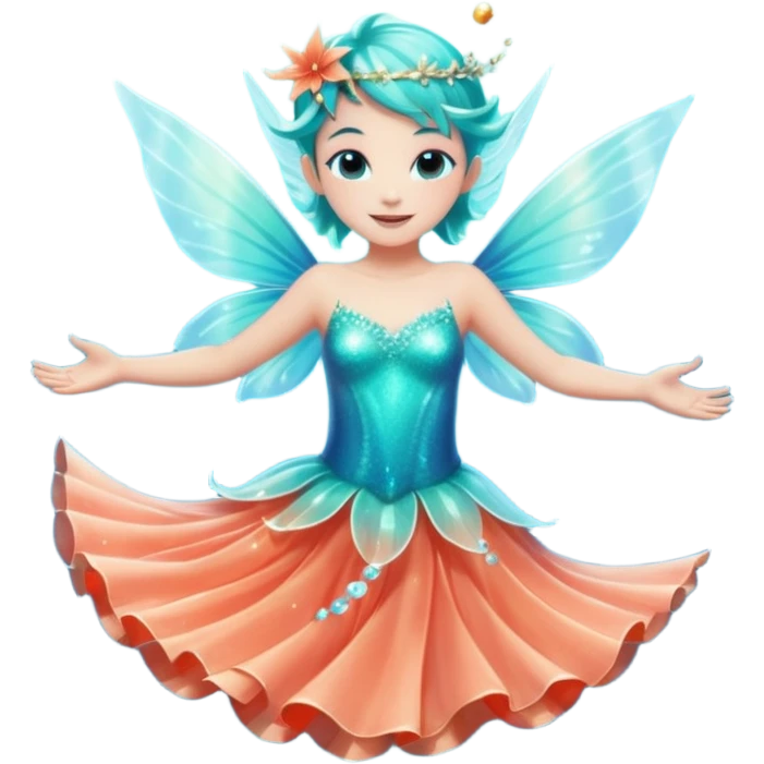 portrait of a small ocean fairy with translucent fins for wings, turquoise skin, coral-like dress, floating above water with sparkles around, joyful pose, front-facing, magical vibe emoji