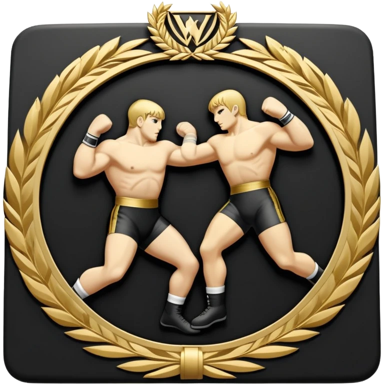 An icon symbolizing wrestling combat sports in the style of an emblem. The design features two wrestlers locked in a powerful grapple, one attempting to take the other down. Surrounding the scene are stylized elements like a championship belt, wrestling mat, and a laurel wreath.  emoji