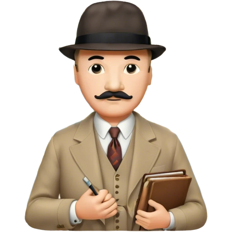 A cinematic-style frame showing Hercule Poirot in his iconic suit with a notebook in a dramatic detective pose. Background should be mysterious city, map, a board with photos of suspects, clues like fingerprints. Transparent background. emoji