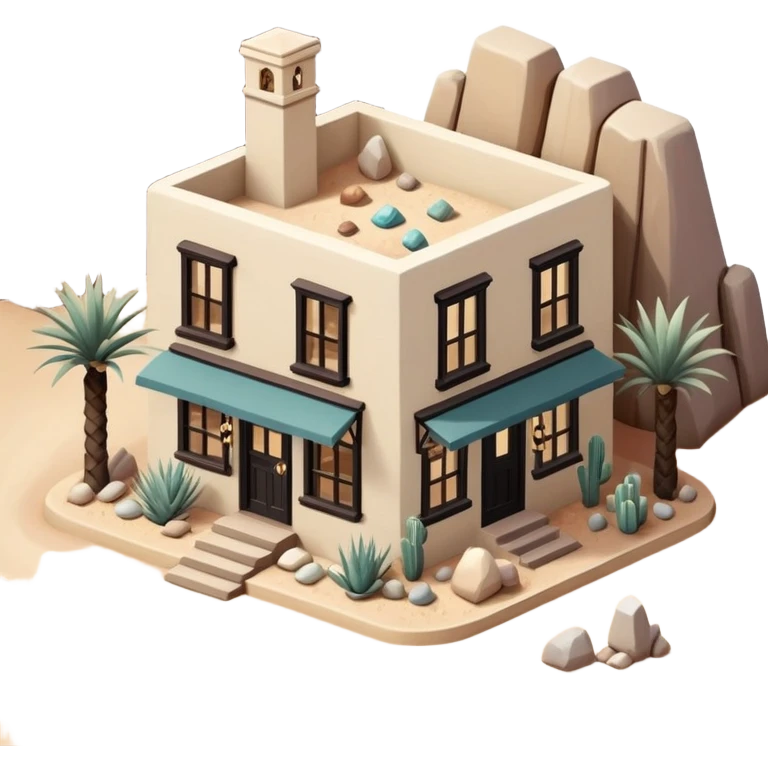 Isometric exterior little black, beige, and white southwestern desert rock and gem shop, dollhouse style 3D realistic  emoji