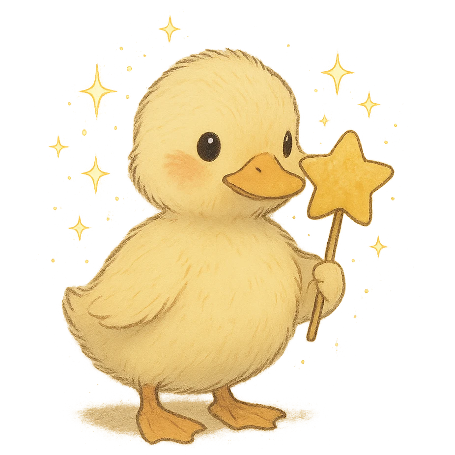 duckling with a star-shaped lollipop, surrounded by sparkles, soft Ghibli style emoji