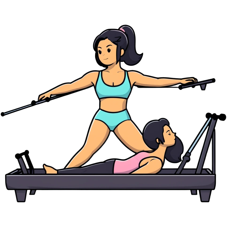 woman with bra, tanned long black hair, doing Pilates reformer emoji