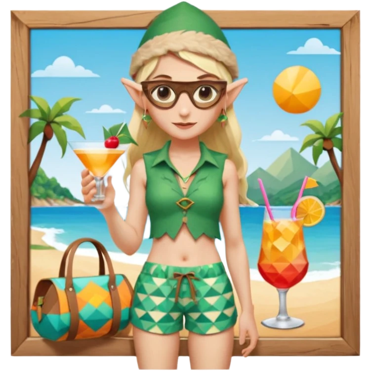 elf female legolas portrait, patterned board shorts (geometric/abstract), unique wooden-framed sunglasses, undercut hairstyle, slight smirk, visible pointy ears, no background, centered emoji, hipster summer vibe coctails with summer hat emoji