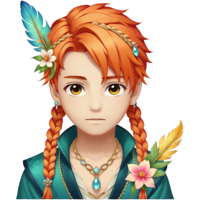 Beautiful gorgeous anime boy with beautiful fiery-special-braided-hair, fashion aesthetic, ethereal, fairycore, pastelcore, feather, flower, gems, accessories, jewelries, gold, colorful emoji