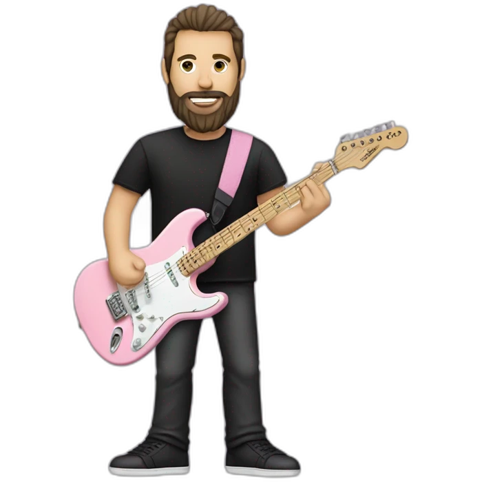 white man with dark beard and black t shirt and pastel pink stratocaster electric guitar emoji