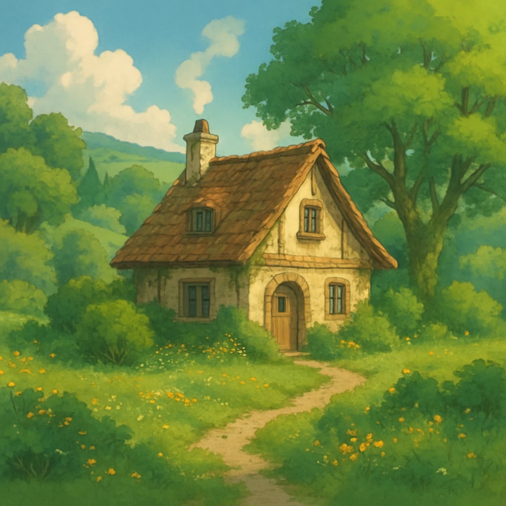 cozy cottage in a lush landscape with gentle lighting in ghibli style emoji