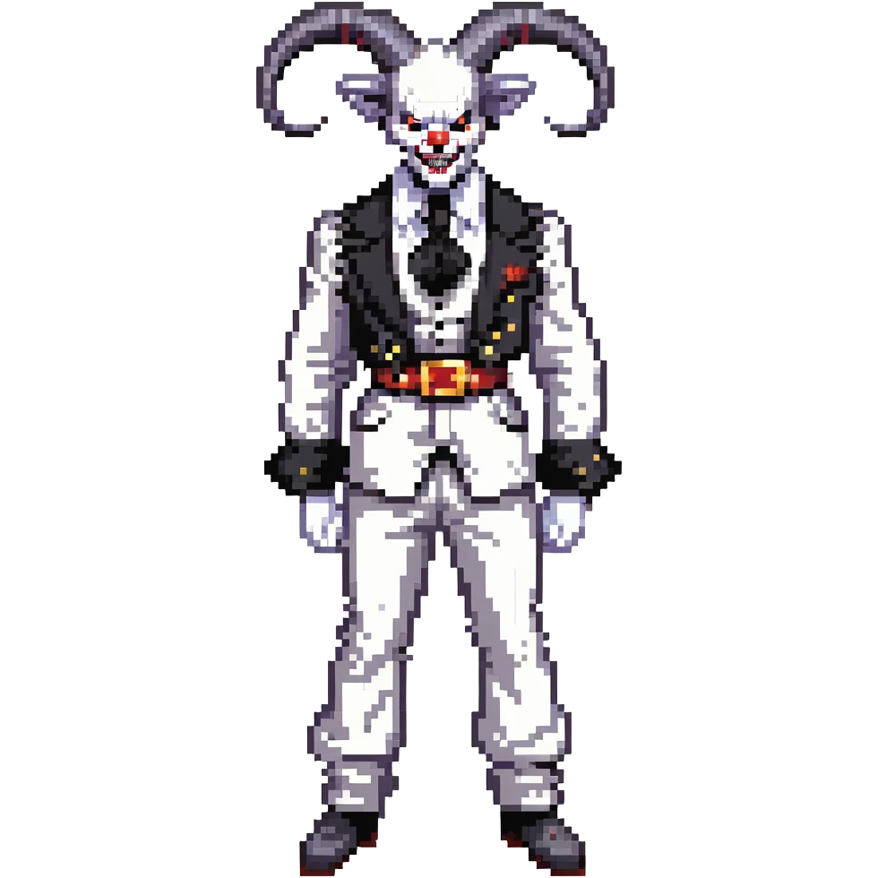 full-body demonic clown in black and white leisure suit with bellbottom pants, bald, black ram horns, flashy black and white belt, ruffled white shirt, no neck tie, large fangs emoji
