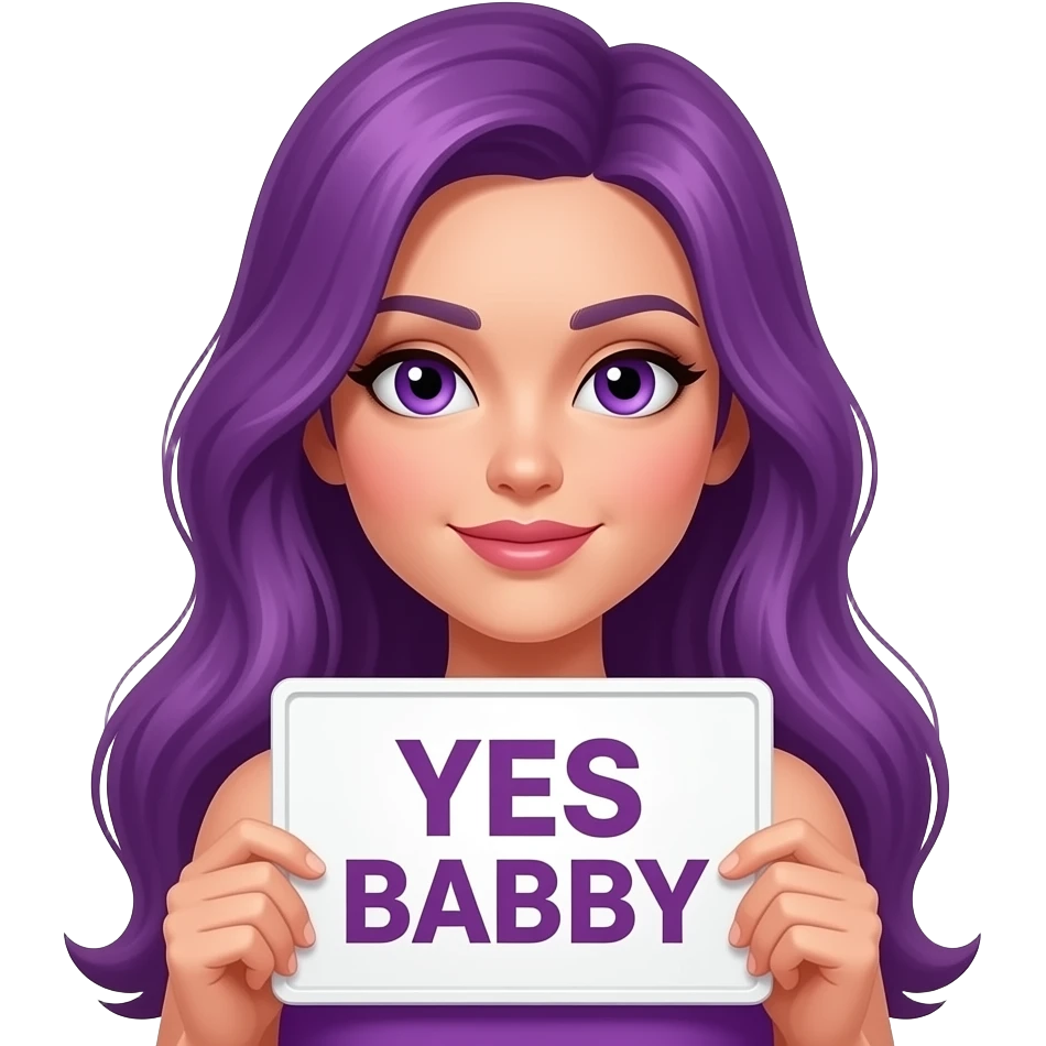 sexy girl with long purple hair and purple eyes holding a YES BABY sign emoji