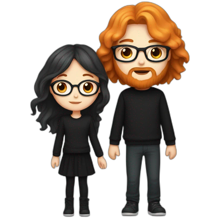 girl with long orange hair wearing no glasses and all black clothes and holding hands with boy with brown hair and beard and glasses and pale skin emoji