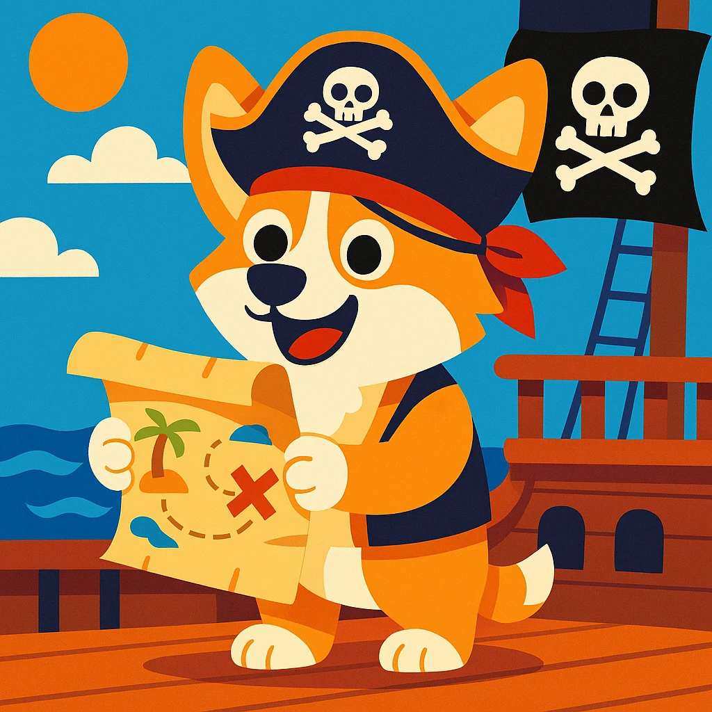 cartoon pirate corgi holding a treasure map on a pirate ship emoji