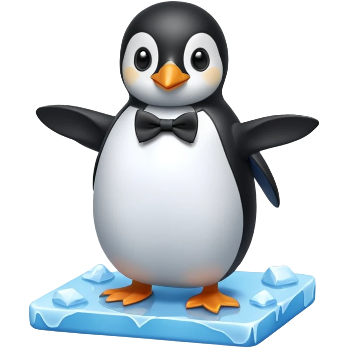 penguin, black bow tie, standing on small ice melting block emoji
