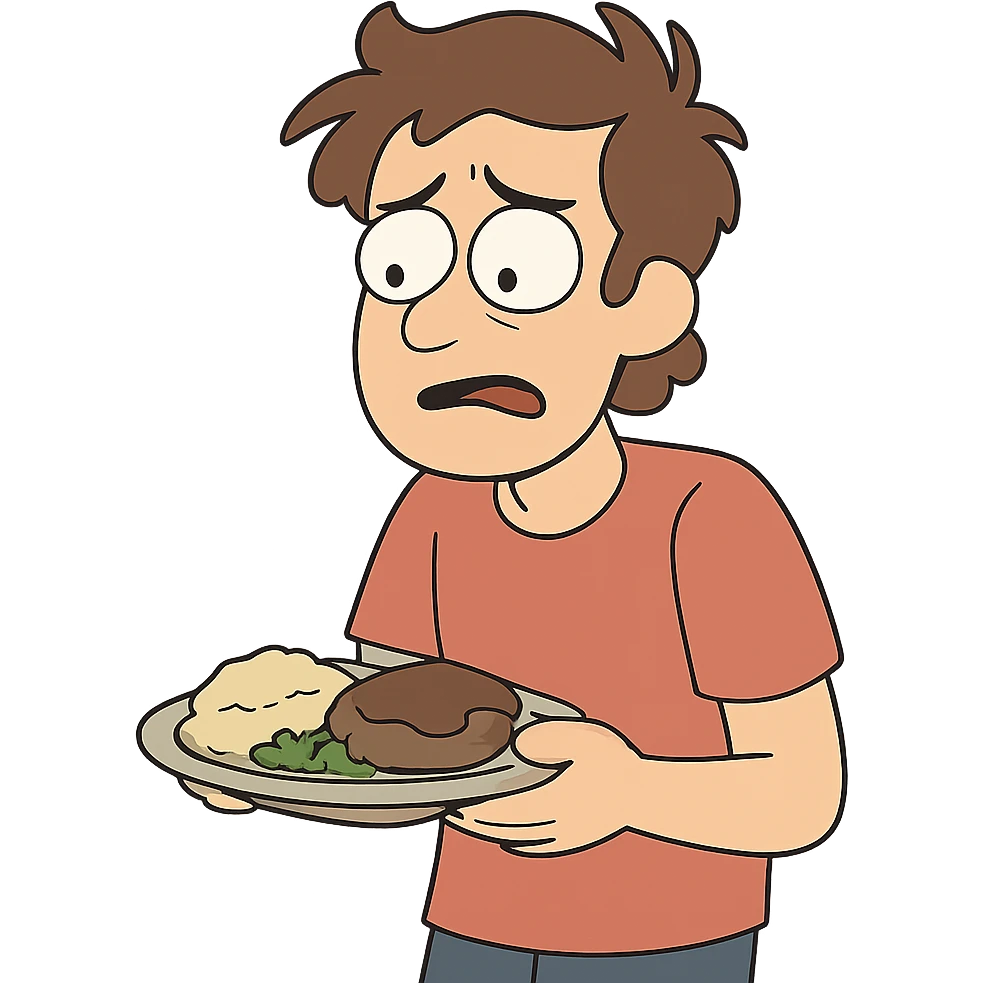 cartoon-style person holding a plate of food, looking uncertain, expressive face, clear body language emoji
